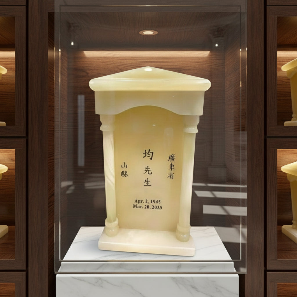 Beige urn with engraved text